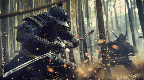 A samurai warrior fighting against multiple enemies in a bamboo grove.