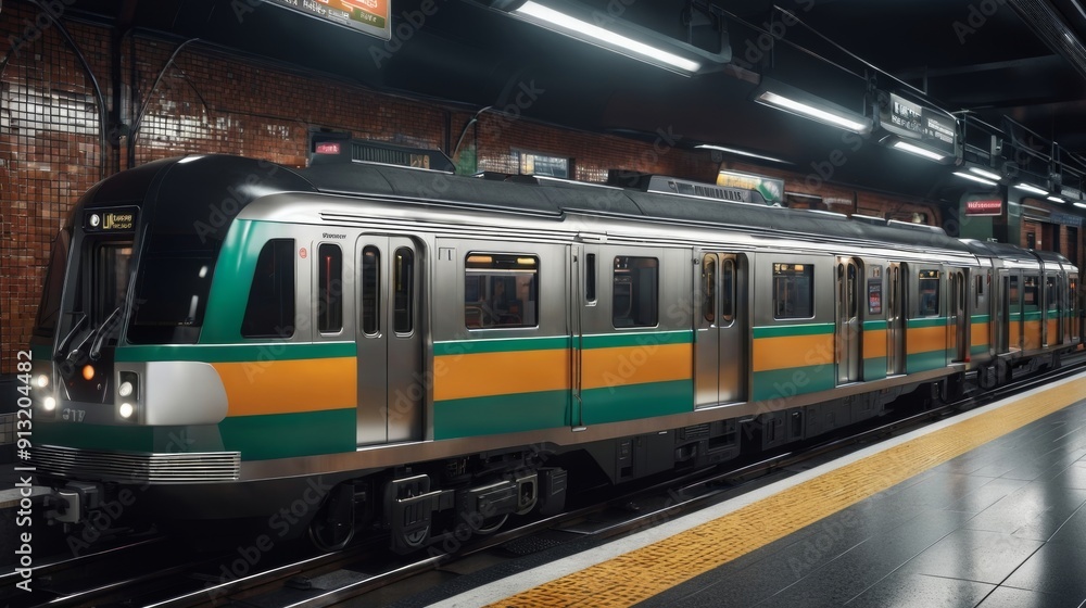 Green and Yellow Train Pulling Into Train Station Green and Yellow Train Pulling Into Train Station