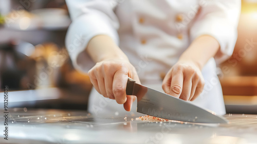 Detailed view of a focused woman chef in whites and wielding a sharp knife  photo