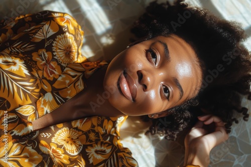 Woman Laying on Floor in Brown Floral Shirt