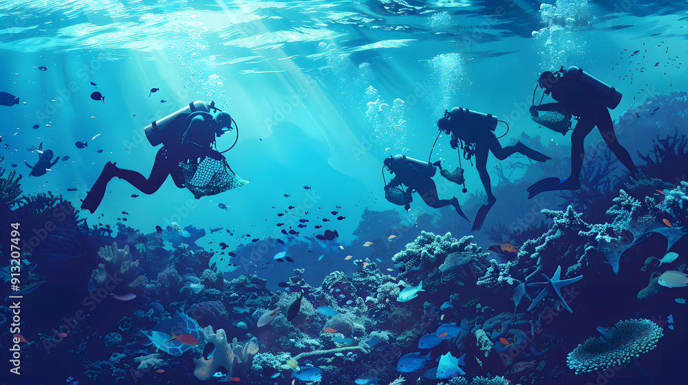 Divers collect underwater garbage from a coral reef. Divers in wetsuits with mesh bags. Removing plastic from a living marine ecosystem. Drawing on ocean conservation. Divers collect underwater garbage from a coral reef. Divers in wetsuits with mesh bags. Removing plastic from a living marine ecosystem. Drawing on ocean conservation.