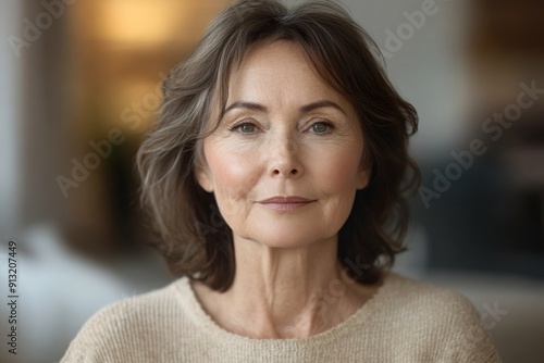 Indoor head shot portrait of serious positive old mature woman in casual looking at camera, posing at home, promoting retirement, elderly healthcare. Senior grandmother woman video call screen