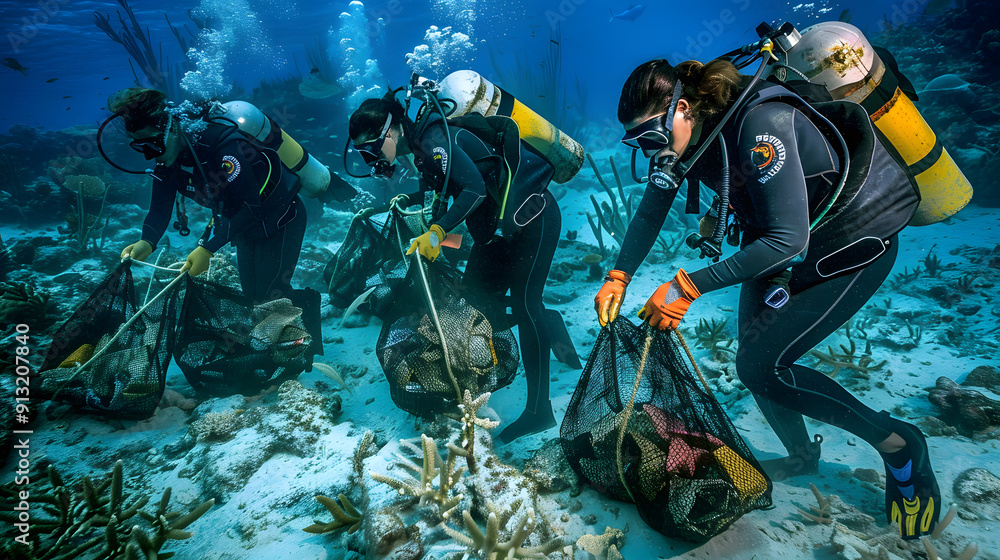 Divers collect underwater garbage from a coral reef. Divers in wetsuits with mesh bags. Removing plastic from a living marine ecosystem. Divers collect underwater garbage from a coral reef. Divers in wetsuits with mesh bags. Removing plastic from a living marine ecosystem.