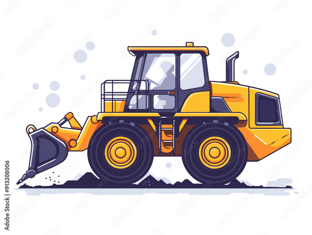 Naklejka premium Yellow bulldozer on the road. Vector illustration in flat style