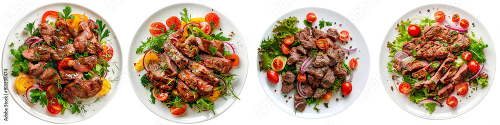 Set of A Meat and salad gracefully falling into a plate, on a transparent background Set of A Meat and salad gracefully falling into a plate, on a transparent background