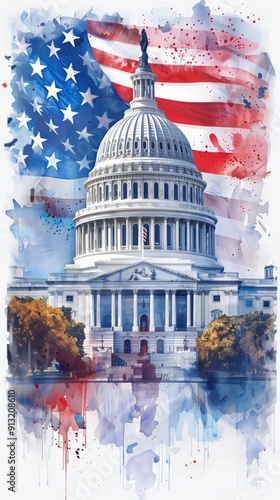 Watercolor Capitol with USA flag background.
