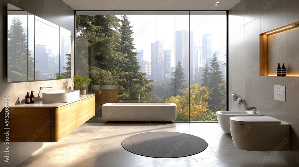 Fototapeta premium Modern bathroom with large windows, city skyline view, wooden accents, and natural light