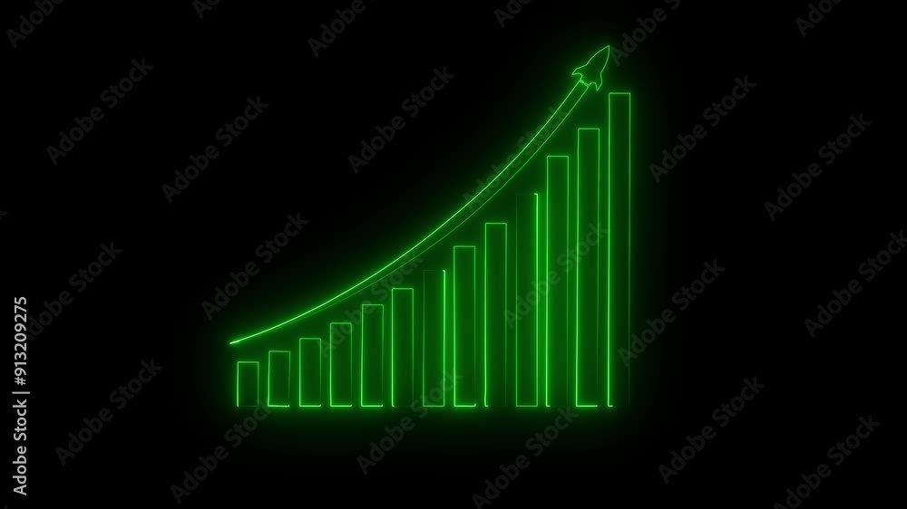 glowing neon geeen color business graph animation icon financial chart market up  market profit representation animated on black background