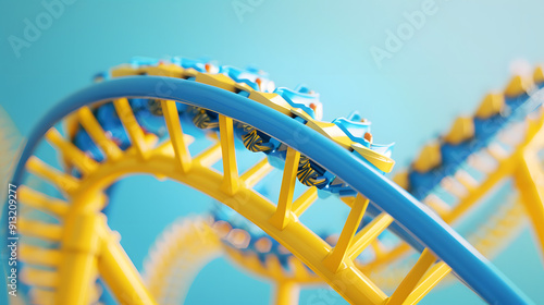 DNA strand as a rollercoaster. Yellow and blue theme. Amusement park background. 