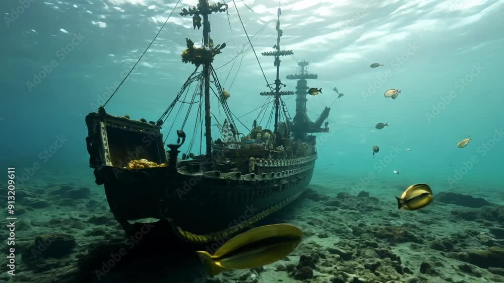 A shipwreck is seen in the ocean with a lot of fish swimming around it. Scene is one of mystery and adventure, as the shipwreck is a remnant of a past voyage A shipwreck is seen in the ocean with a lot of fish swimming around it. Scene is one of mystery and adventure, as the shipwreck is a remnant of a past voyage