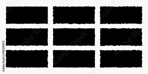 Set of black frames, torn paper shape, rectangles with jagged edges isolated on white background. Template for text, banner.