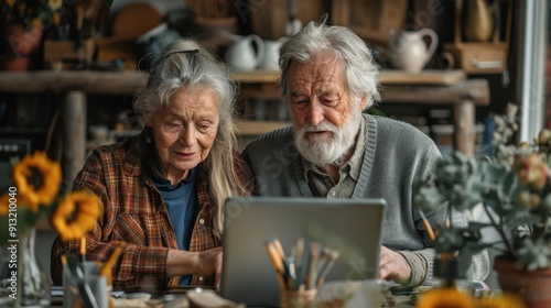 An elderly couple of grandparents sitting at home at their laptop and dealing with paperwork, savings, household bills, mortgage, pension