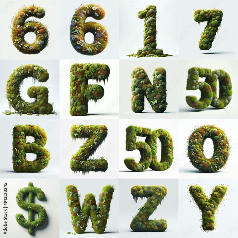 Naklejka premium Grass and moss Lettering Typeface. AI generated illustration