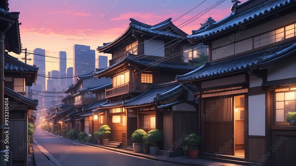 A beautiful japanese tokyo city town in the evening. houses at the street. anime comics artstyle. cozy lofi asian architecture A beautiful japanese tokyo city town in the evening. houses at the street. anime comics artstyle. cozy lofi asian architecture