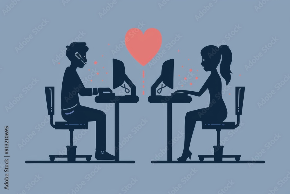Virtual dating concept: Silhouettes at separate tables with heart monitor setup Virtual dating concept: Silhouettes at separate tables with heart monitor setup