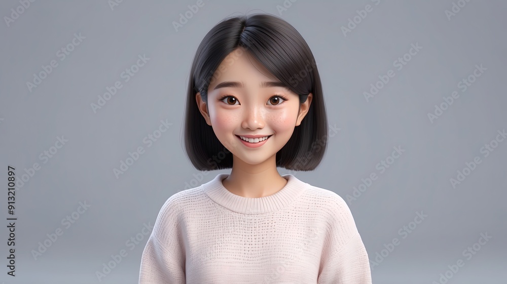3d render happy smiling cartoon character asian young adult woman light background 3d render happy smiling cartoon character asian young adult woman light background