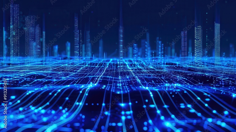 Futuristic digital landscape showcasing glowing blue lines and nodes, representing advanced technology and virtual connectivity. Futuristic digital landscape showcasing glowing blue lines and nodes, representing advanced technology and virtual connectivity.
