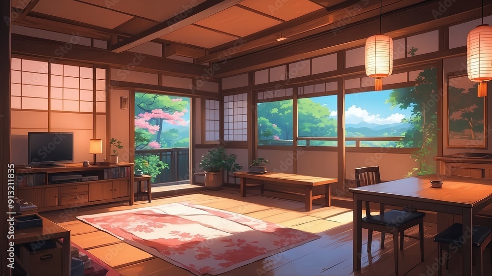 Lofi room, beautiful chill, atmospheric wallpaper. background. lo-fi, traditional japan house. Anime and manga style Lofi room, beautiful chill, atmospheric wallpaper. background. lo-fi, traditional japan house. Anime and manga style