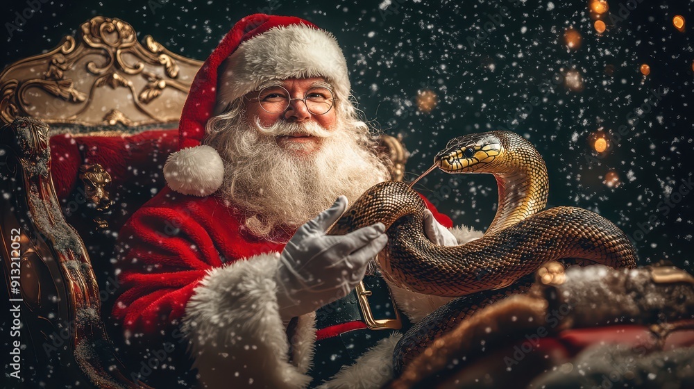 Santa holding a snake in front of a fireplace, blending traditional Christmas elements with wildlife, creating a unique festive scene. Santa holding a snake in front of a fireplace, blending traditional Christmas elements with wildlife, creating a unique festive scene.