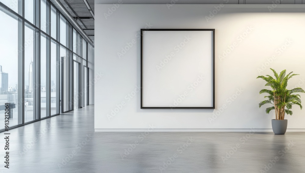 Blank Poster Frame on the Wall in an Open Office Space with Concrete Floors and White Walls Blank Poster Frame on the Wall in an Open Office Space with Concrete Floors and White Walls