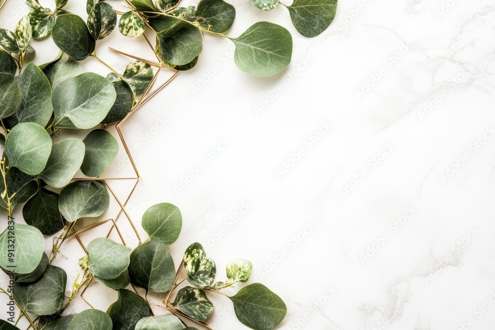 Fototapeta premium Green ivy leaves climbing on a textured white wall, symbolizing nature and tranquility.
