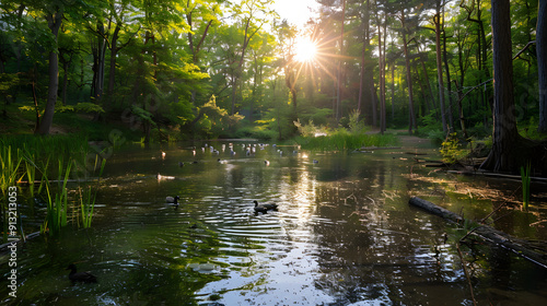 A serene pond in the middle of a forest with ducks swimming and dragonflies buzzing around.