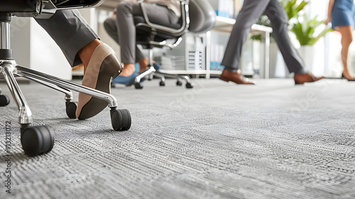 Extreme close-up of office chair wheels on a carpeted floor with busy feet walking past in the background 