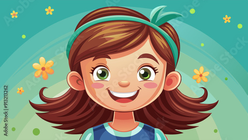 Smiling girl with short brown hair and green eyes in a blue t-shirt