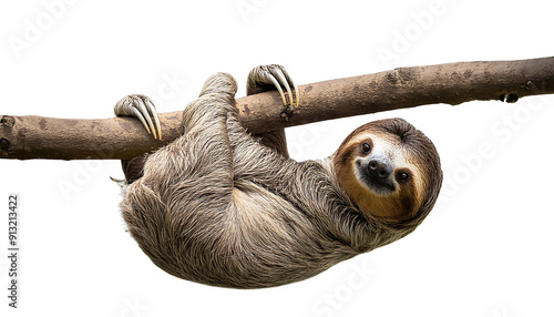  A Sloth Hanging on a Tree Branch – A sloth hanging from a tree branch, isolated on a white _1(29) photo