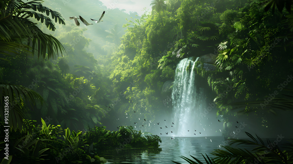 A serene waterfall in a lush green rainforest with exotic birds flying overhead. A serene waterfall in a lush green rainforest with exotic birds flying overhead.