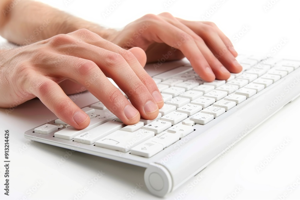 white computer keyboard with hands typing, isolated on a white background white computer keyboard with hands typing, isolated on a white background