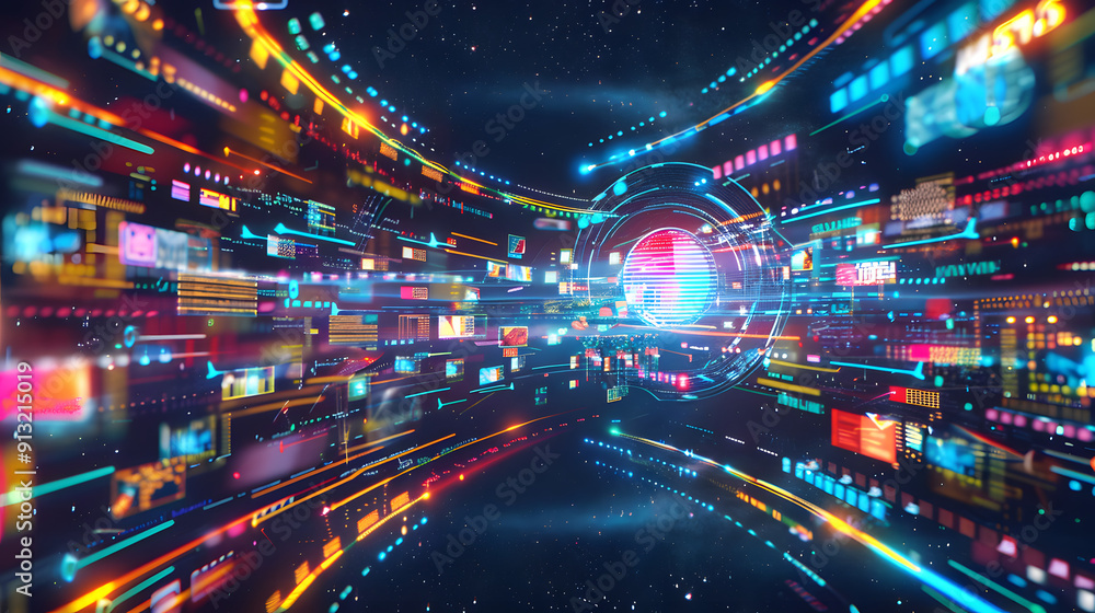 Futuristic space station with holographic user profiles floating in zero gravity. Interconnected by glowing energy streams Futuristic space station with holographic user profiles floating in zero gravity. Interconnected by glowing energy streams