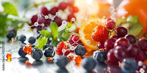 Fresh Fruits with Molecular Structures, Concept of Nutritional Science
