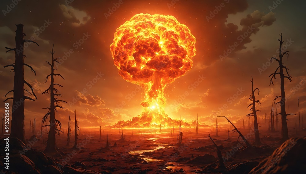 Atomic Bomb Blast in Apocalyptic War with Fiery Destruction Atomic Bomb Blast in Apocalyptic War with Fiery Destruction