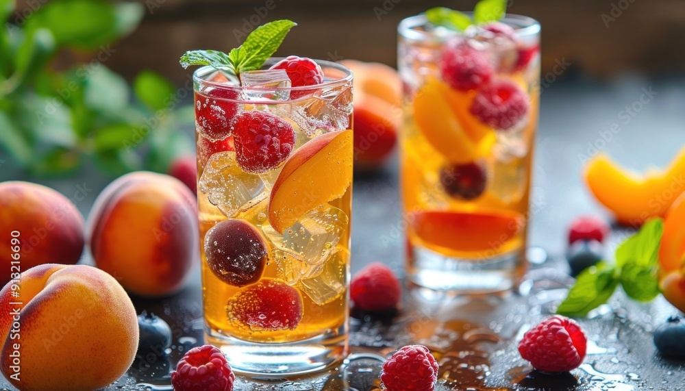 Refreshing peach raspberry summer cocktail with ice and mint Refreshing peach raspberry summer cocktail with ice and mint