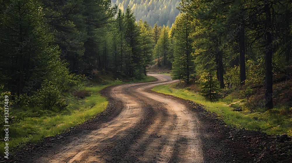 Obraz premium Winding forest road, with a sunlit path ahead.