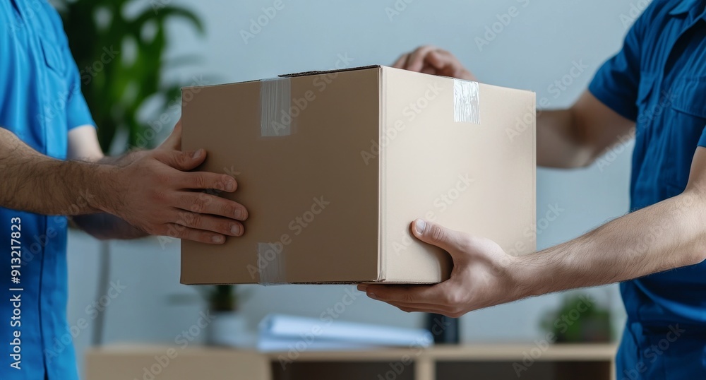 Two Workers in Blue Uniforms Taping Cardboard Boxes Two Workers in Blue Uniforms Taping Cardboard Boxes