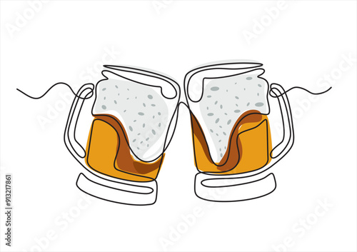 Continuous one line drawing of beer glasses with foam. Craft barley alcohol drink in simple linear style for bar and pub vector illustration. Premium vector.