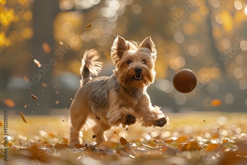 Silky Terrier dog chasing an object in the park photo