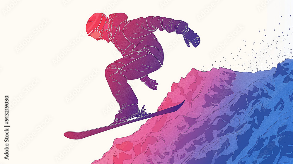 Fototapeta premium Dynamic Winter Landscape With Snowboarder Mid-Air Above Majestic Snow-Covered Mountains