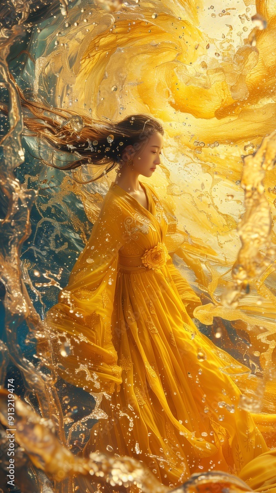 Obraz premium Dynamic artwork of a woman enveloped in vibrant golden waves. 