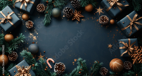 sfondo blu con regali e oggetti natalizi 
