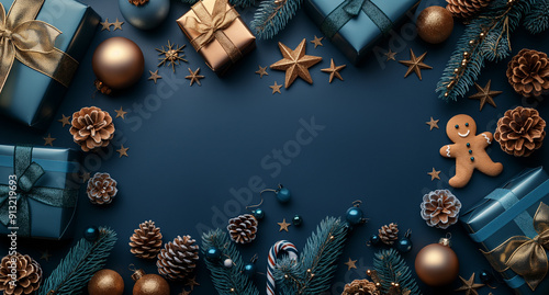 sfondo blu con regali e oggetti natalizi 