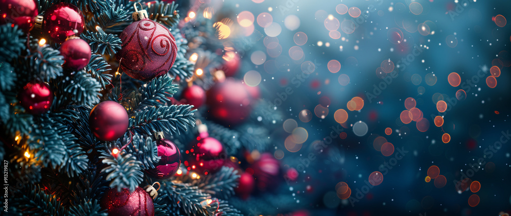 Sfondo natalizio con albero, palline di natale e bokeh Sfondo natalizio con albero, palline di natale e bokeh