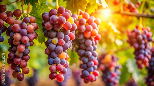 Wallpaper Mural Vineyard with ripe grapes at sunset ,Bunch of Black Wine grape over green natural vineyard garden background, Kyoho Grape with leaves in blur background. generative ai Torontodigital.ca