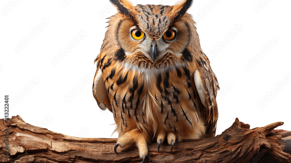 Naklejka premium sitting owl on a branch isolated transparent background.