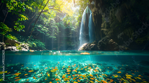 Fototapeta Naklejka Na Ścianę i Meble -  A stunning waterfall plunging into a crystal-clear lagoon with colorful fish swimming below.