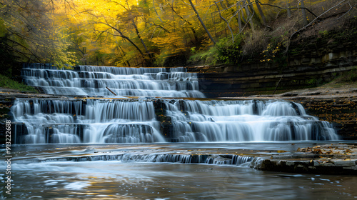 A stunning waterfall with multiple tiers cascading down into a river set in an autumn forest.