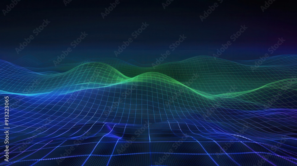 Abstract digital landscape featuring glowing waves and a grid, suitable for technology and creative designs. Abstract digital landscape featuring glowing waves and a grid, suitable for technology and creative designs.