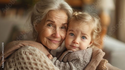 An elderly woman hugs her daughter at home. Portrait of a grandmother and granddaughter